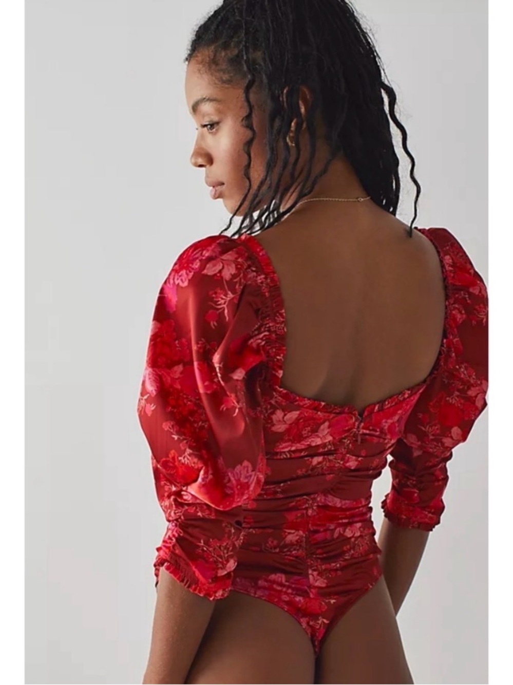 For Love & Lemons Monet Bodysuit Floral Satin Red Sz L